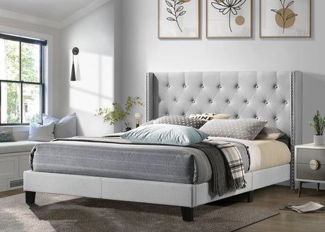 Hikaru Gray Upholstered Tufted Platform King Bed front view
