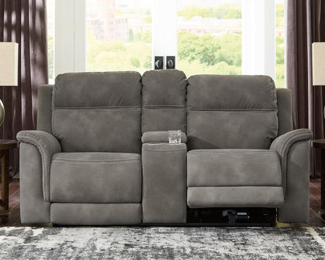 Next-Gen Durapella Slate Microfiber Power Reclining Loveseat with Console, front angled view