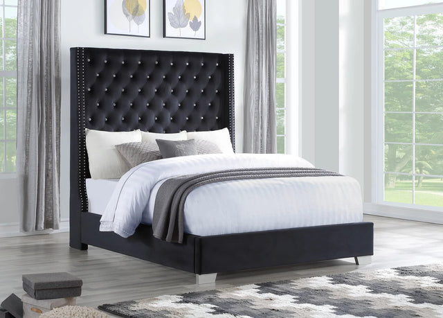 Front view of Lomuna black velvet upholstered tufted king bed