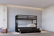 Babylon black twin over twin bunk bed with trundle and 3 drawers, front view