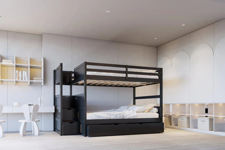 Babylon Black Full/Full bunk bed with twin trundle and staircase storage - front view