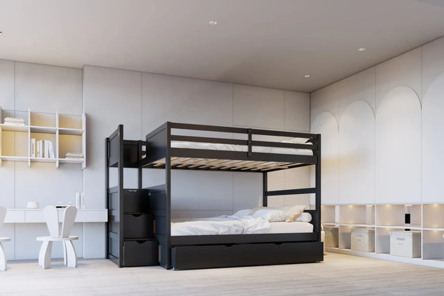 Babylon Black Full/Full bunk bed with twin trundle and staircase storage - front view