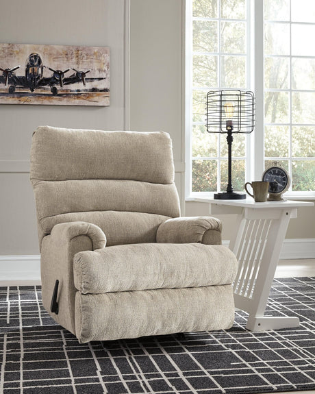 Front view of Man Fort Dusk chenille recliner