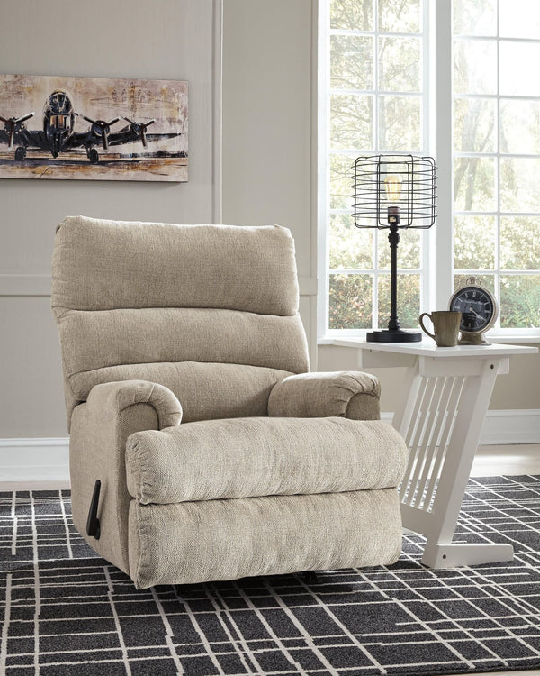 Front view of Man Fort Dusk chenille recliner