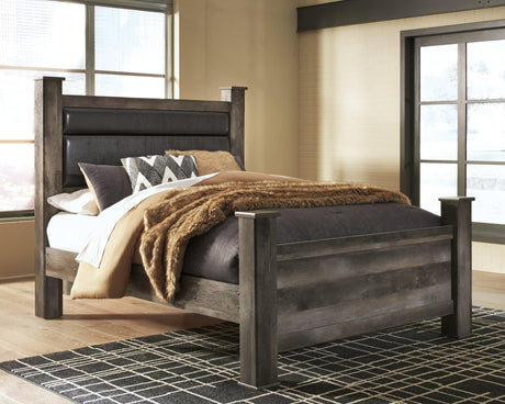 Wynnlow Gray Queen Upholstered Poster Bed front angled view