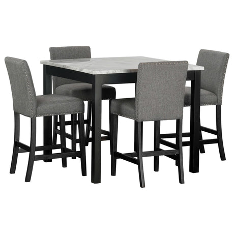 Dior Gray pub table with faux marble top and four linen chairs, front view