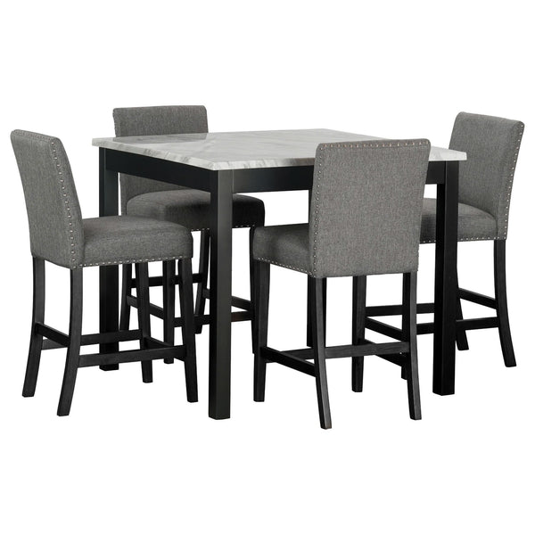 Dior Gray pub table with faux marble top and four linen chairs, front view