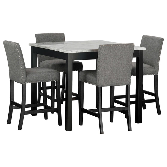Dior Gray pub table with faux marble top and four linen chairs, front view