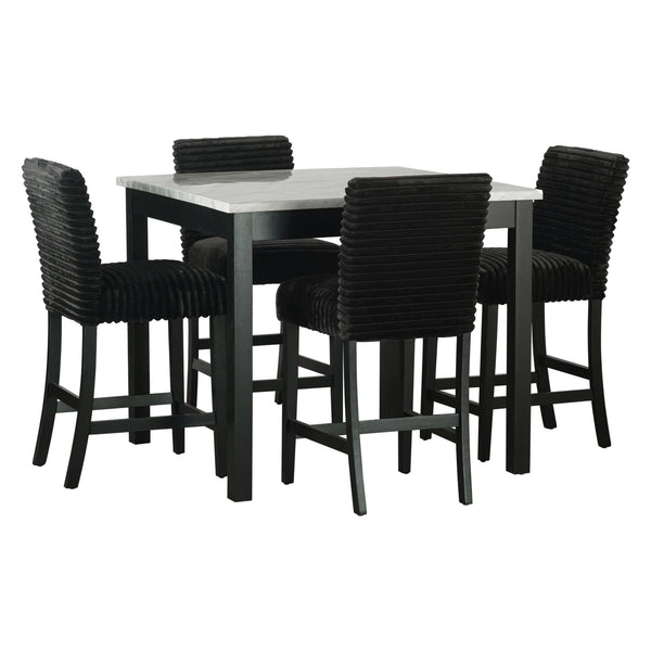 Front view of Dior Black Pub Table with 4 Black Cord Fabric Chairs