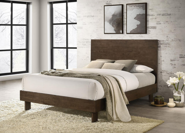 Glenwood queen platform panel bed warm brown front angle