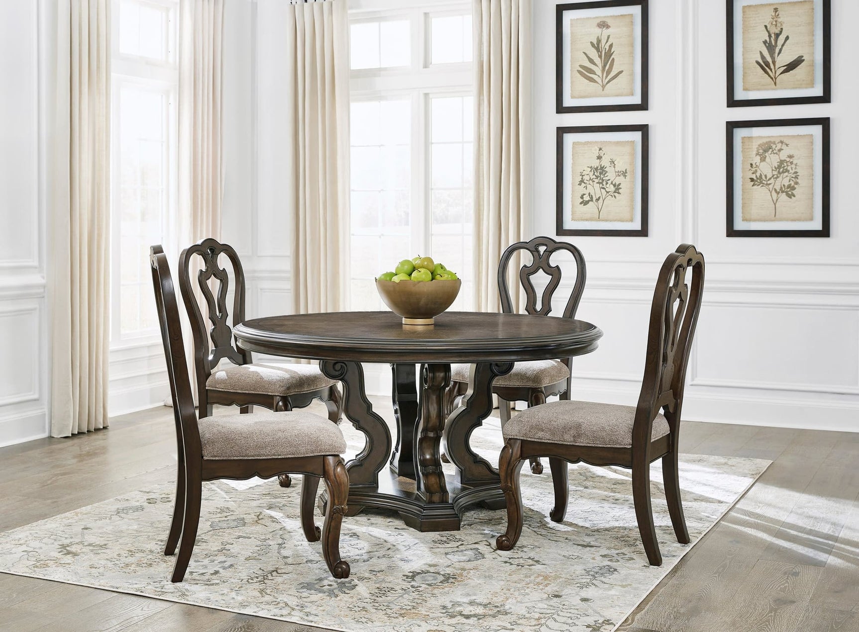 Dunkan Dark Cherry 60-inch square dining table with four chairs