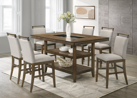 Tommy Brown burnt walnut counter height dining table and six chairs, front view