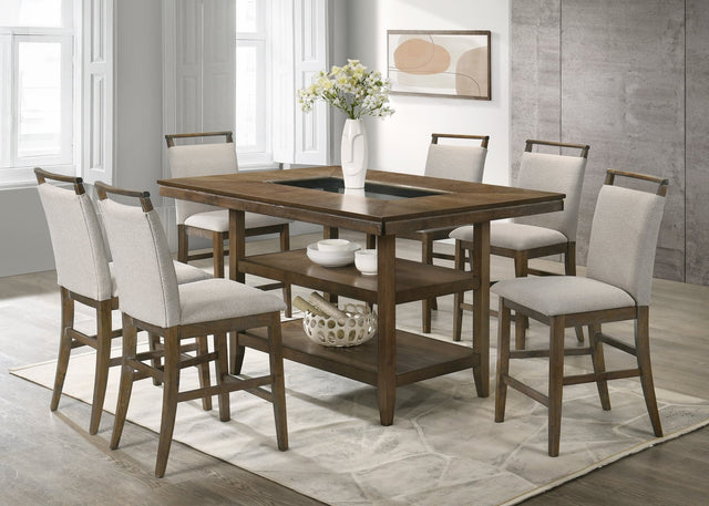 Tommy Brown burnt walnut counter height dining table and six chairs, front view