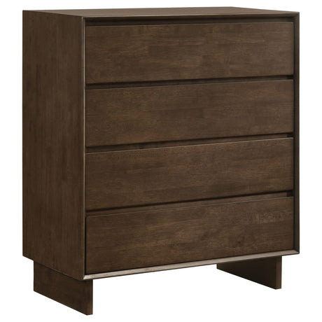 Glenwood 4-drawer chest of drawers in warm brown, front angle