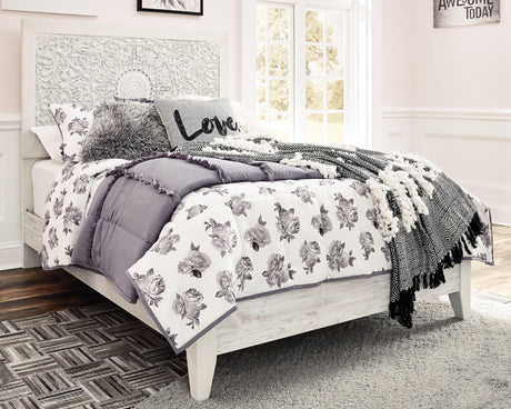 Paxberry Whitewash Full Panel Bed side view showing headboard and slatted rails