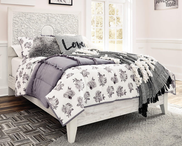 Paxberry Whitewash Full Panel Bed side view showing headboard and slatted rails