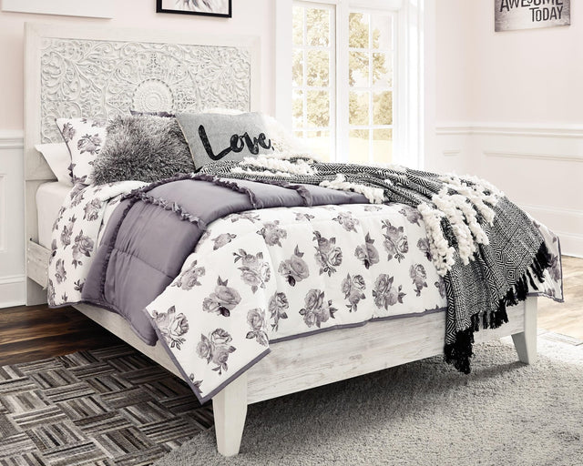 Paxberry Whitewash Full Panel Bed side view showing headboard and slatted rails