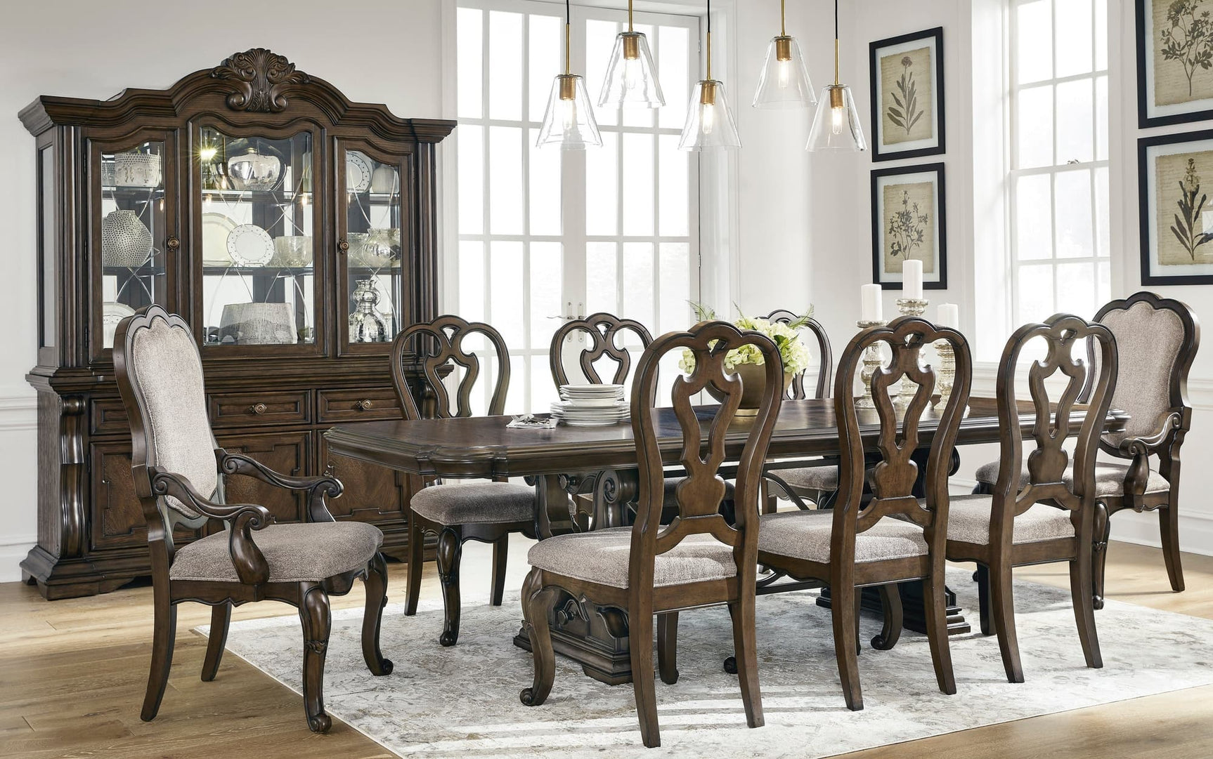 Divine Dark Cherry Pedestal Dining Table with 6 Chairs front view showing table and chairs