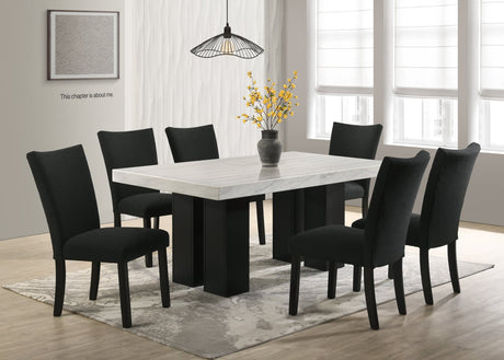 Finley black genuine marble dining table with six black boucle fabric chairs, front angle