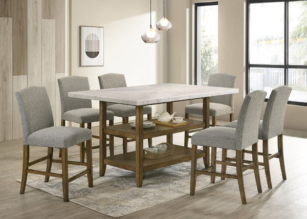Lola gray genuine marble counter height dining table with six chairs in main view