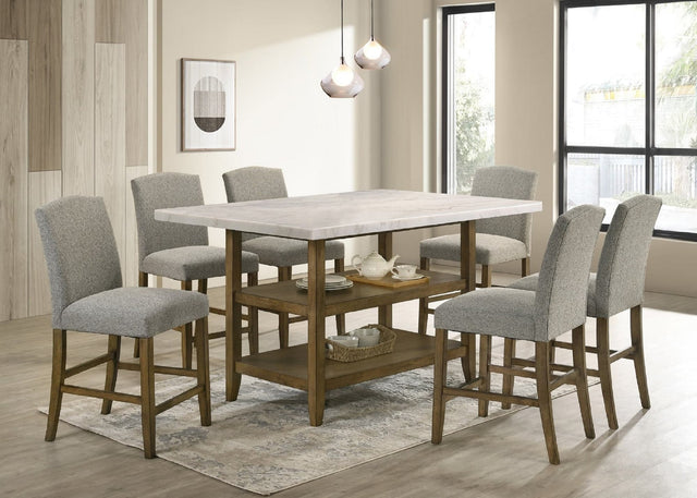 Lola gray genuine marble counter height dining table with six chairs in main view