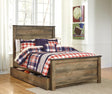 Trinell full brown panel bed with large storage drawer, front view