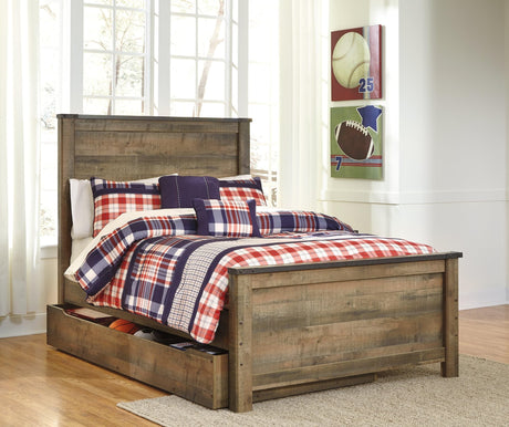 Trinell full brown panel bed with large storage drawer, front view