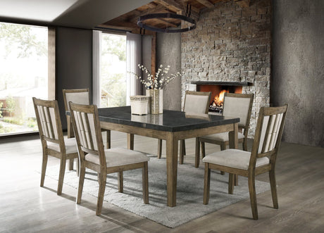 Front view of Melstone Brown Genuine Marble dining table set with six chairs