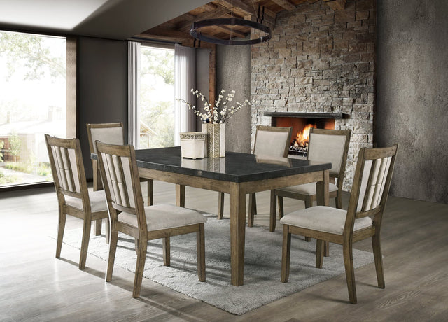Front view of Melstone Brown Genuine Marble dining table set with six chairs