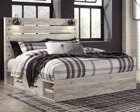 Cambeck whitewash king panel bed front view with storage drawers