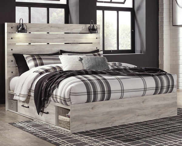Cambeck whitewash king panel bed front view with storage drawers