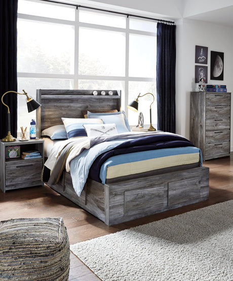 Baystorm Gray Full Panel Storage Bed, front view showing headboard with LED lighting
