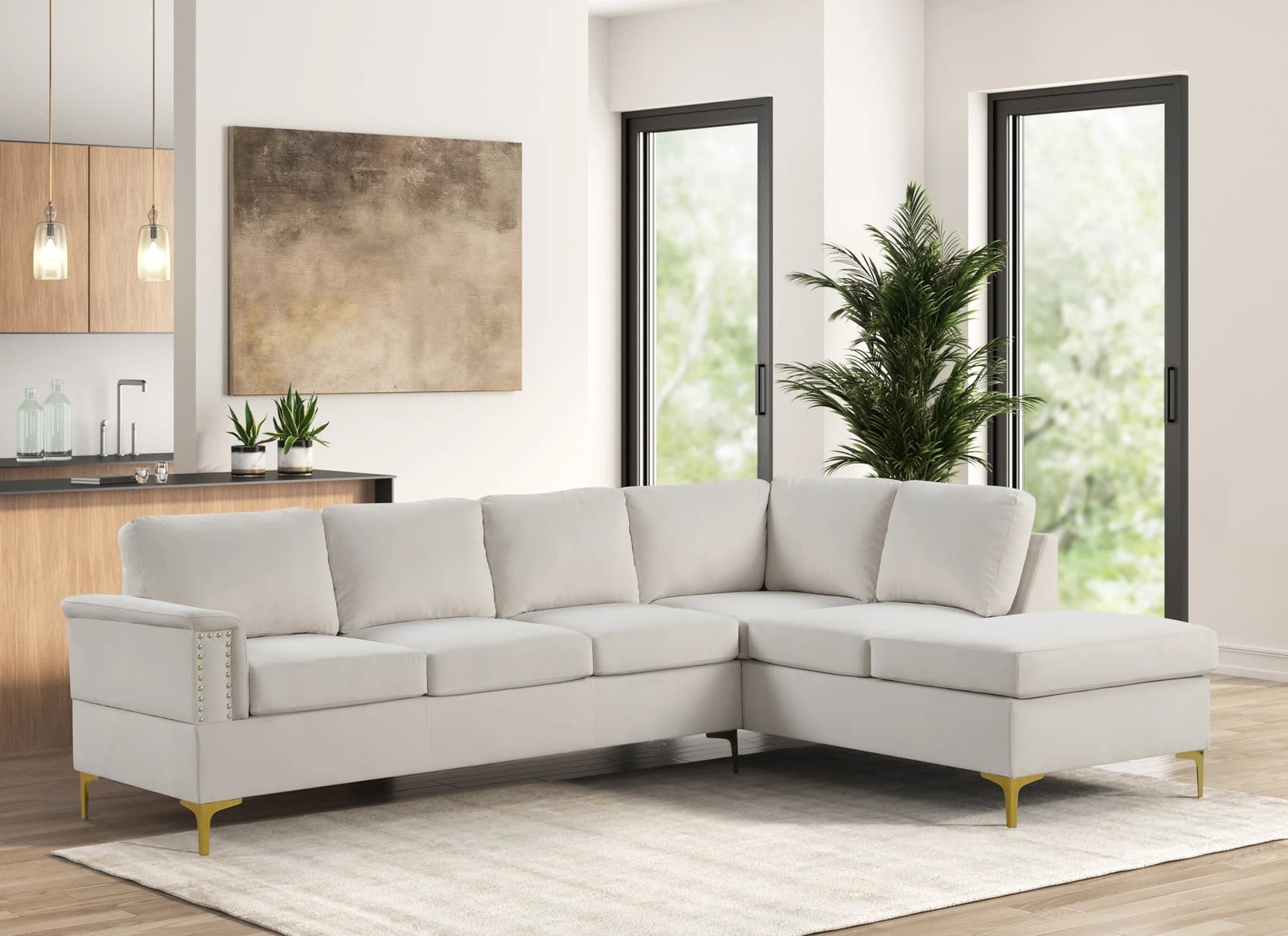 main view of Vogue Cream Velvet Sectional Sofa with cream velvet upholstery and gold metal legs