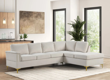 main view of Vogue Cream Velvet Sectional Sofa with cream velvet upholstery and gold metal legs