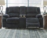 Draycoll Slate Chenille Reclining Loveseat with Console front angle