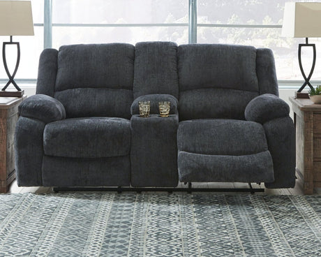 Draycoll Slate Chenille Reclining Loveseat with Console front angle