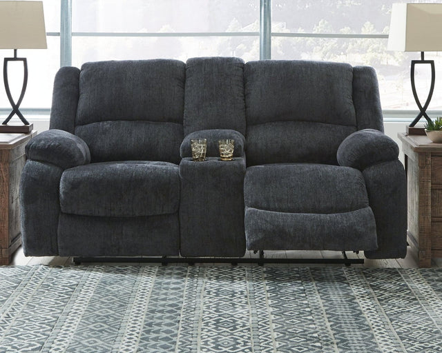Draycoll Slate Chenille Reclining Loveseat with Console front angle