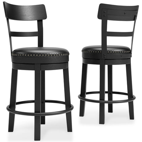 Valebeck Black Counter Height Bar Stool front view showing nailhead trim