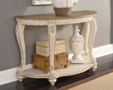 Realyn two-tone white and brown oval sofa table front angle