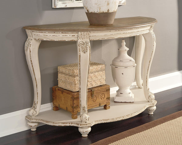 Realyn two-tone white and brown oval sofa table front angle
