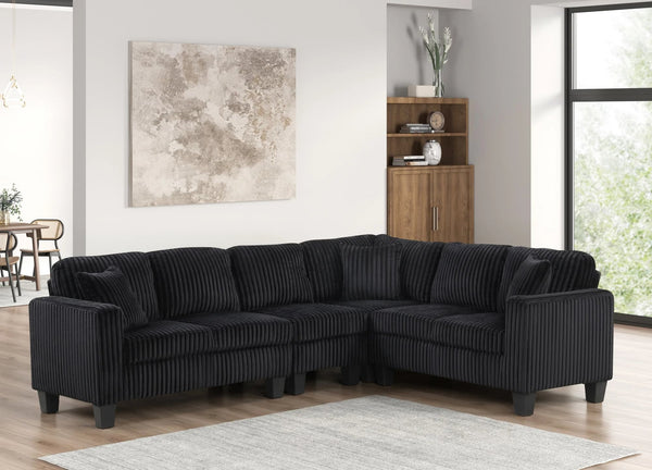 Logan Onyx sectional sofa in black corduroy, angled front view