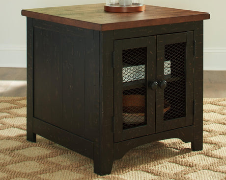 Valebeck black and brown two-tone rustic farmhouse end table angle view