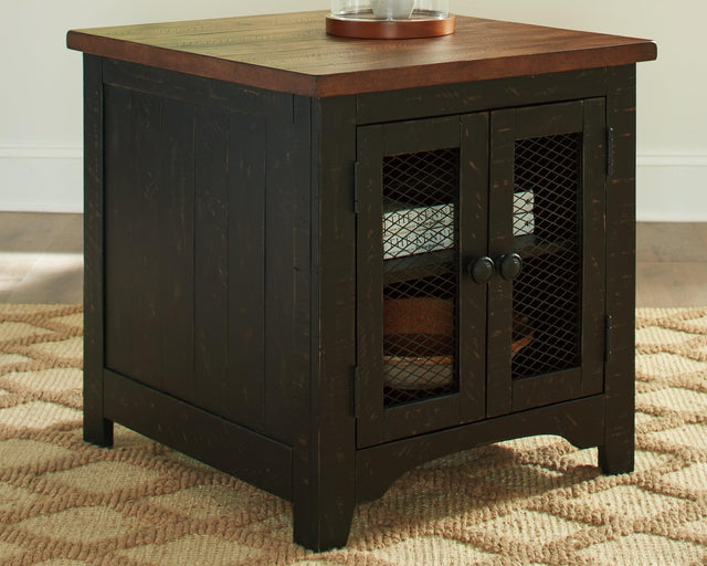 Valebeck black and brown two-tone rustic farmhouse end table angle view