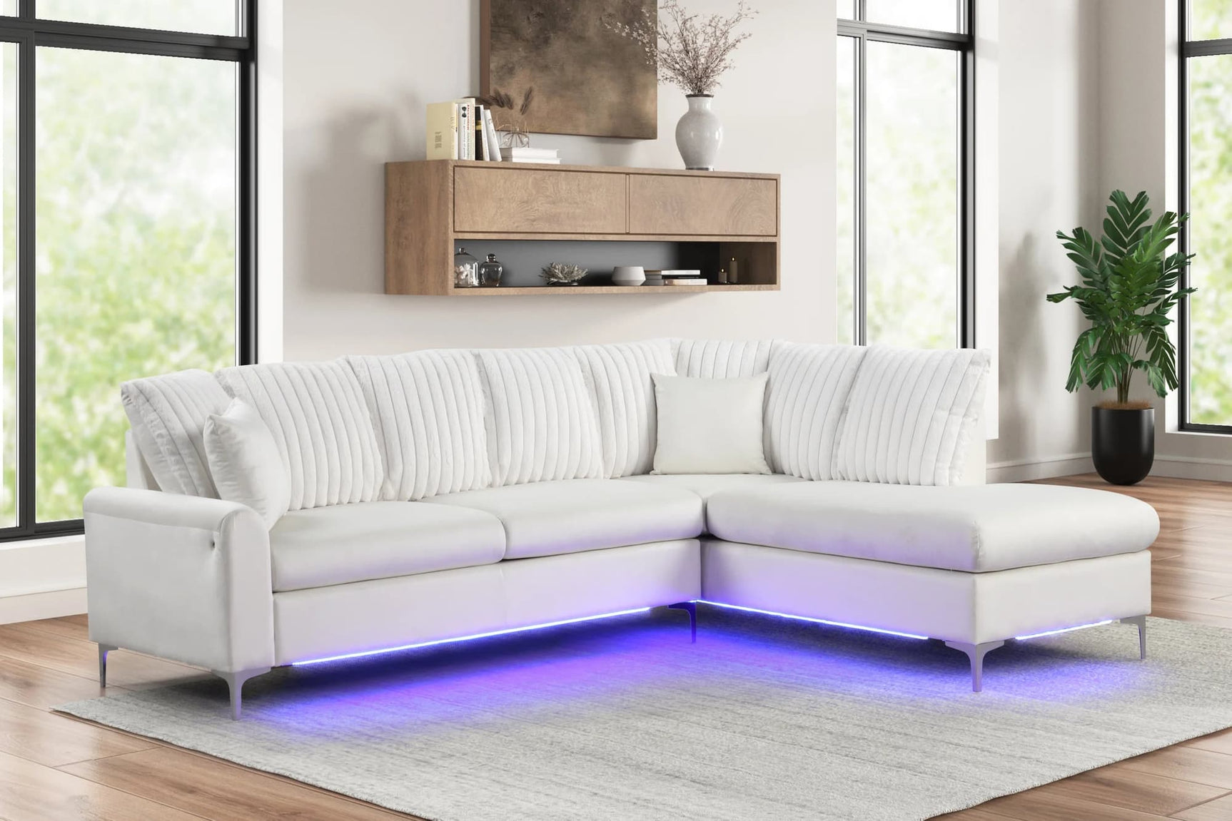 Front angle of Candy Beige Sectional Sofa with LED lighting