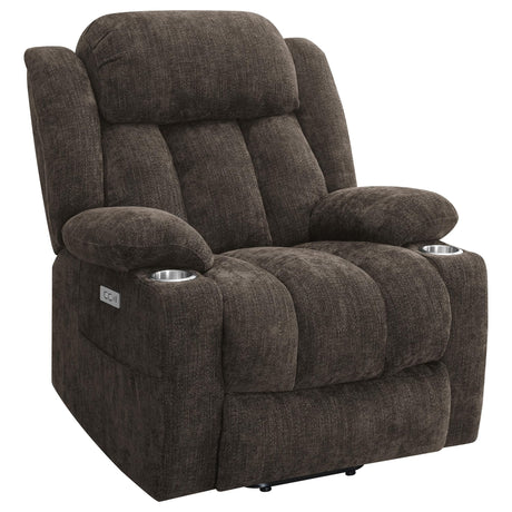 Houston dark brown upholstered power lift recliner chair front view
