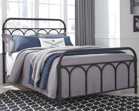 Nashburg Black Full Metal Bed side view showing slatted headboard