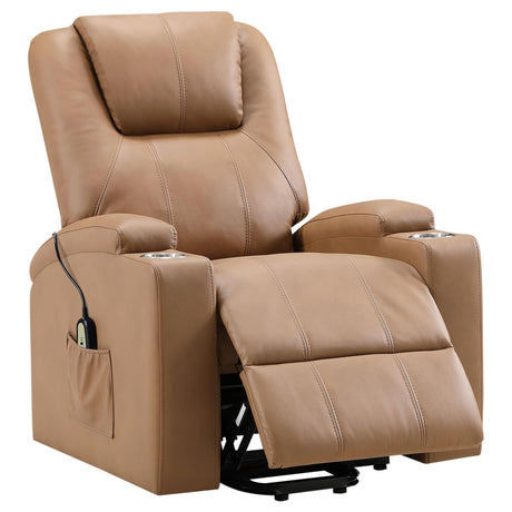 Armstrong camel fabric power lift massage recliner front view