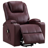 Armstrong wine red upholstered power lift massage recliner front view