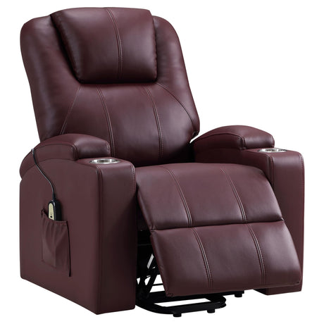 Armstrong wine red upholstered power lift massage recliner front view