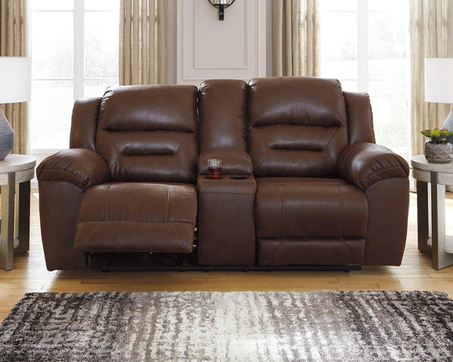 Stoneland Chocolate Faux Leather Power Reclining Loveseat with Console front angle